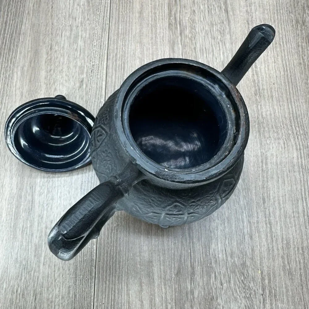 Vintage Ornate Cast Iron Moroccan Teapot w/ Lid Textured Matte Black